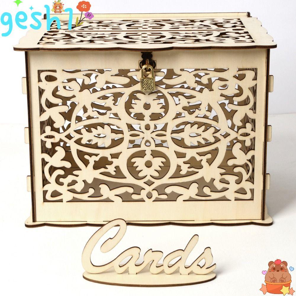 GESH1 Hollow Sign-in Box, 25*20*18.3 CM Wood Wood Wood Wood Wood Card Box, ติดตั้งง่าย Natural Colou