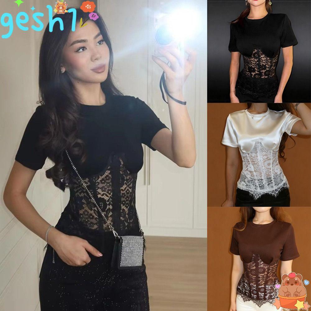 GESH1 ลูกไม้ Patchwork Top, O-คอสไตล์ Patchwork รูปแบบดูผ่านด้านบน,เซ็กซี่แขนสั้นลูกไม้ออกแบบดูผ่านผ
