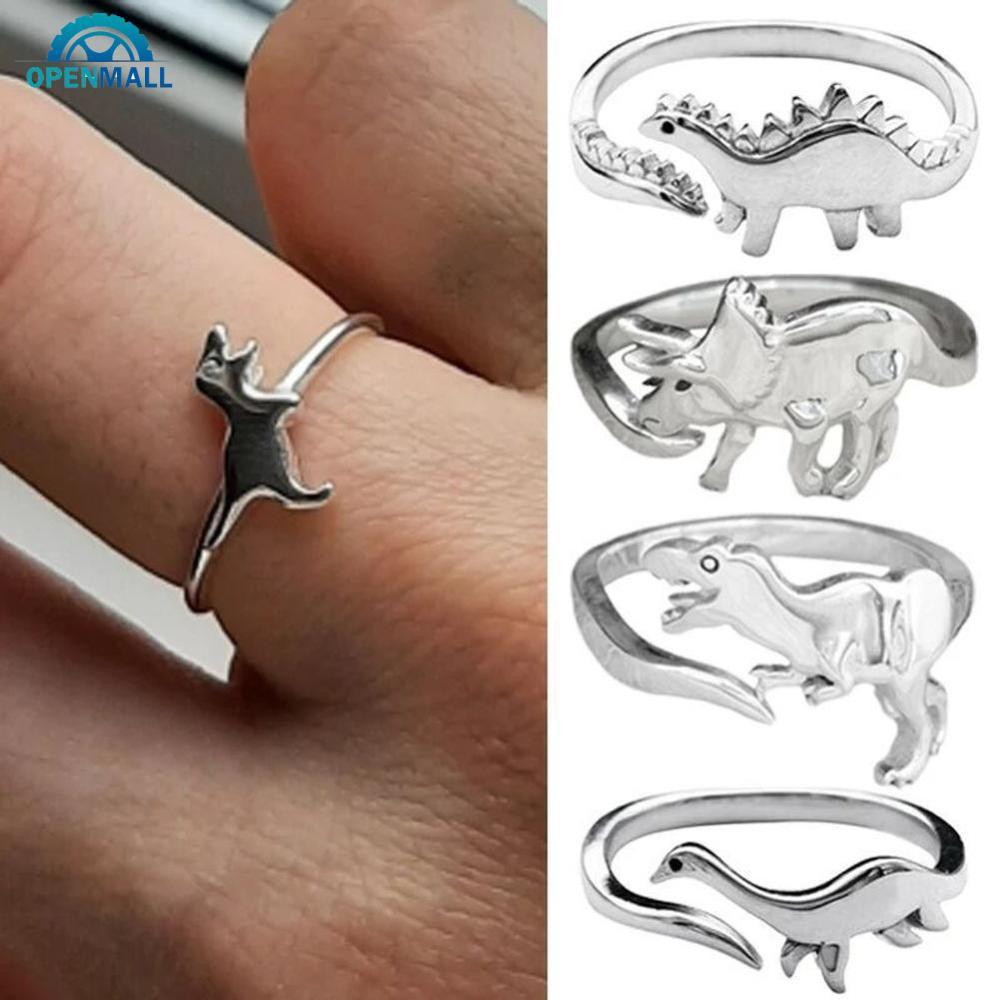 OPENMALL Niche Vintage แหวนปรับไดโนเสาร์ Silver Plated Brachiosaurus Triceratops Tyrannosaurus Simpl