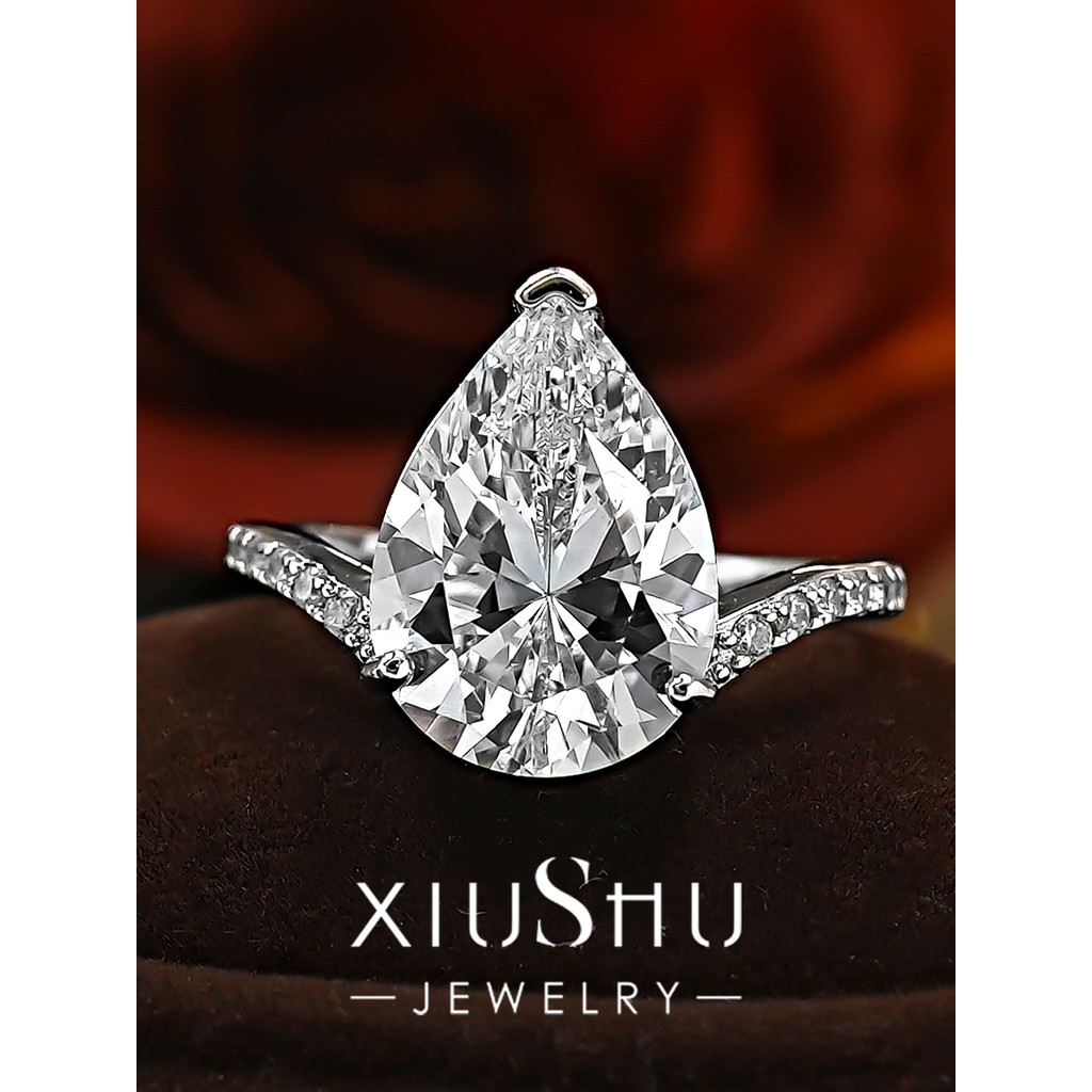 8ct Mermaid Tears Water Drop Pear Shape 925 Silver High Carbon Diamond Ring Twisted Arm Niche Design