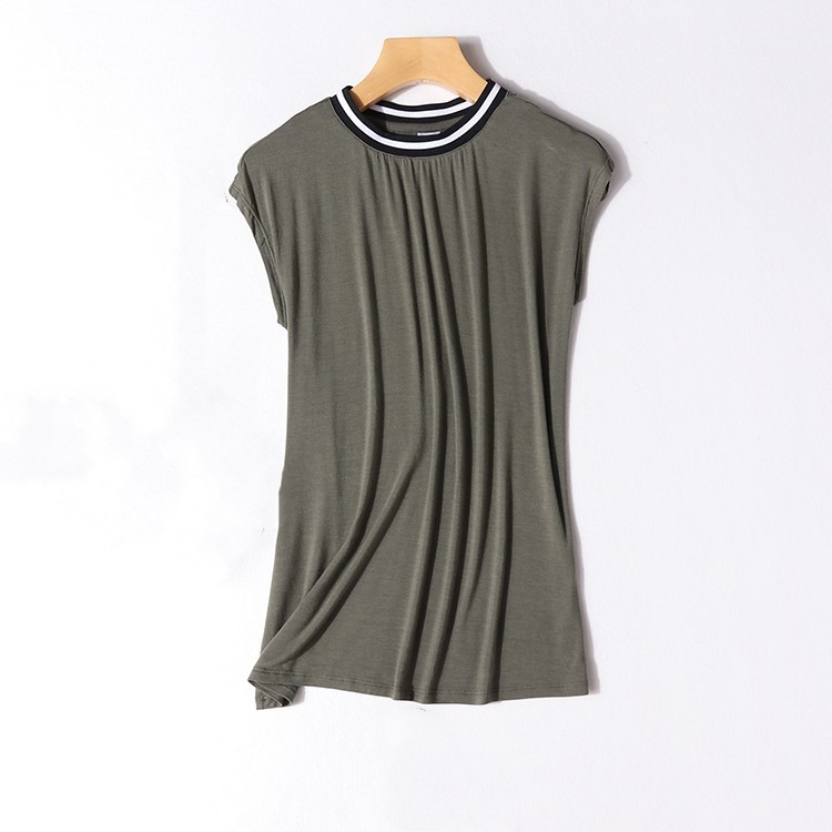 E54-4 ฤดูร้อนเสื้อผ้าสตรีการค้าต่างประเทศแฟชั่น Contrast สีลายรอบคอสบายๆด้านใน Layering บางครึ่งแขน 