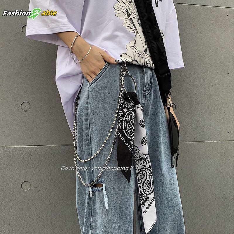 แฟชั่น.shop03 Unisex Hip Hop KeyChain Jean กระเป๋าสตางค์เข็มขัด Ro Punk ริบบิ้น Biker Headscarf โลหะ