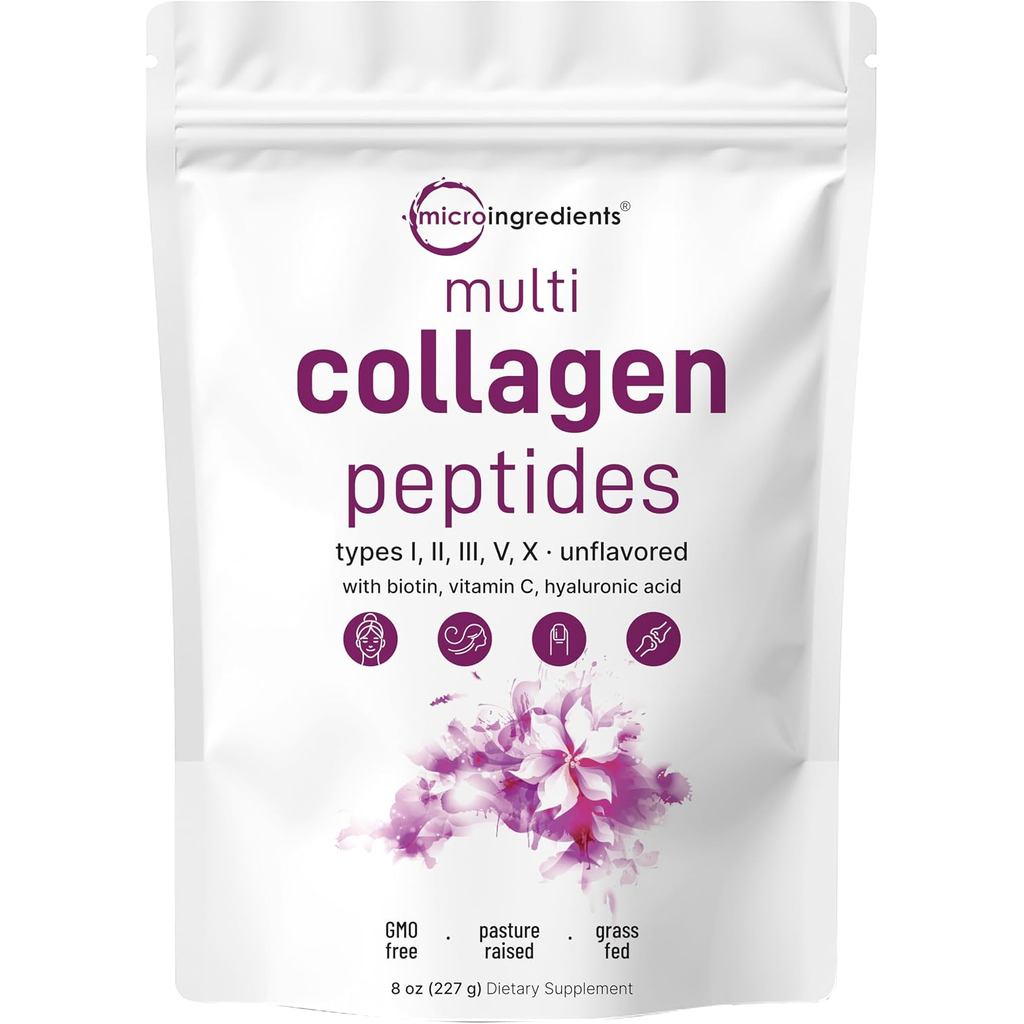 Micro Ingrated Multi Collagen Peptides Powder, 8oz (20 เสิร์ฟ) – Hydrolyzed Type I,II,III,V,X with B