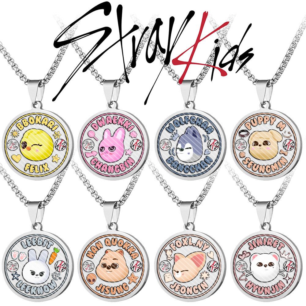 JYP Joint stray kids สแตนเลสสีพิมพ์รอบสร้อยคอ SKZOO stray Boy ไทเทเนียมเหล็กจี้เสื้อกันหนาว20260904