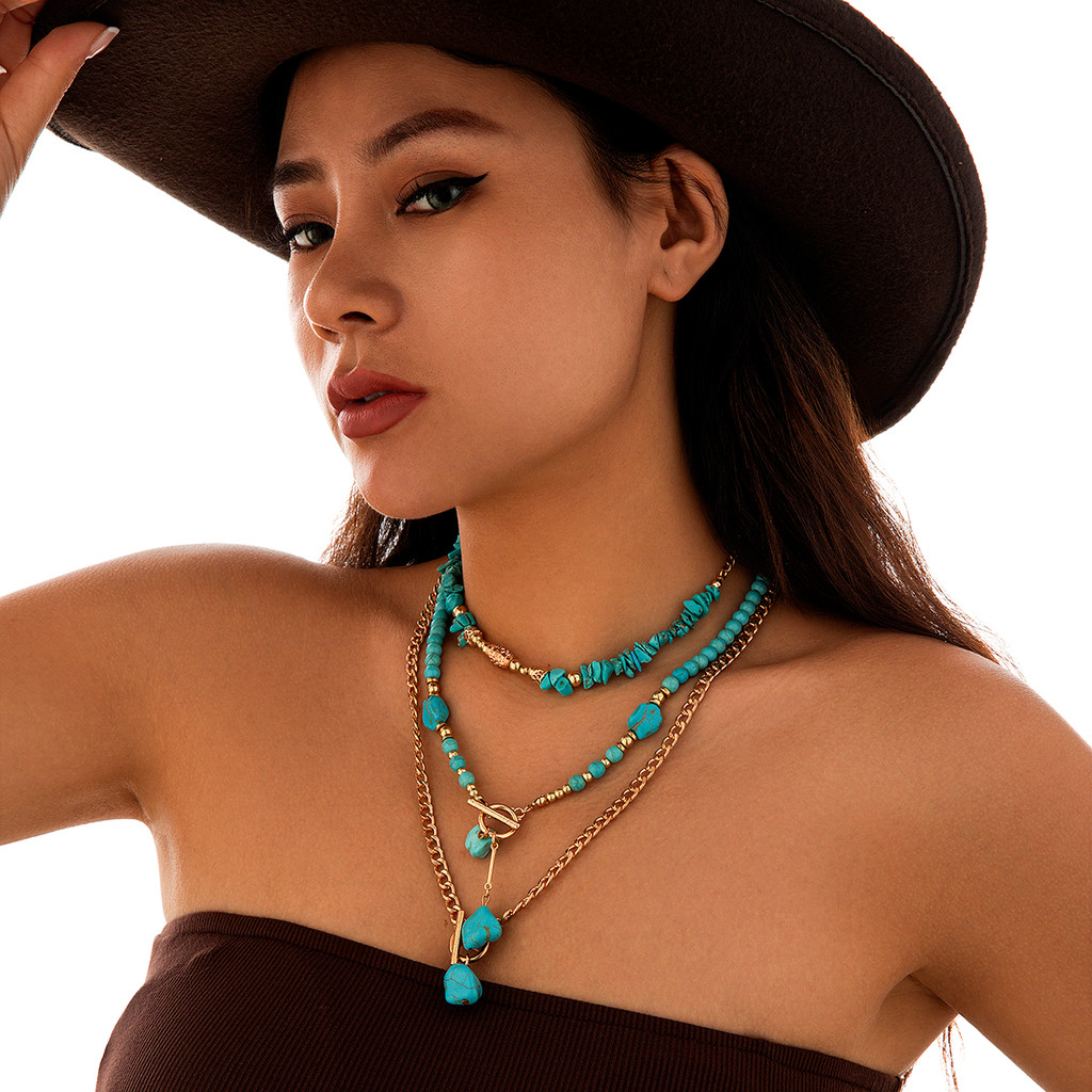 ชุด 3 ชิ้น เลียนแบบ Turquoise OT หัวเข็มขัดชุดสร้อยคอยุโรปอเมริกันฤดูร้อน Retro Niche Design Stacked