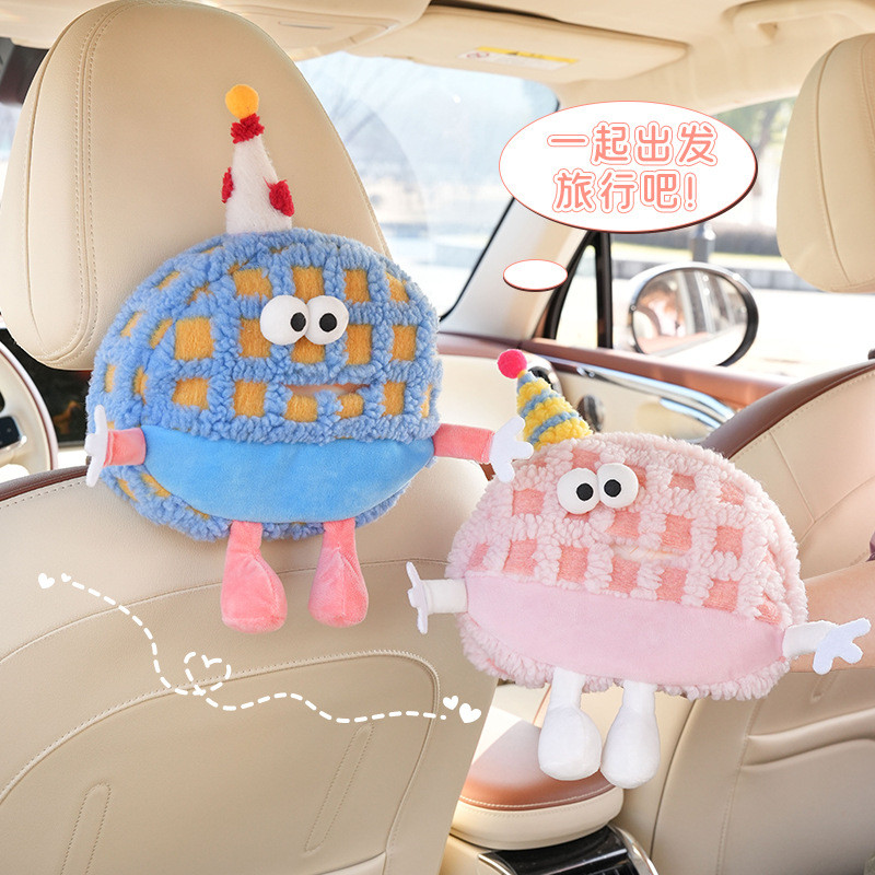 กล่องทิชชู่ในรถยนต์ Plush Dopamine Little Monster Car Tissue Pump Cute Fun Cartoon Car Seat Back Pum