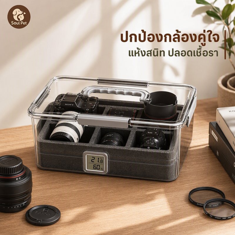 กล่องกันชื้นเก็บกล้อง ฝาใส แถมเครื่องวัดอุณหภูมิความชื้น ฟองน้ำกันกระแทก ปรับช่องได้