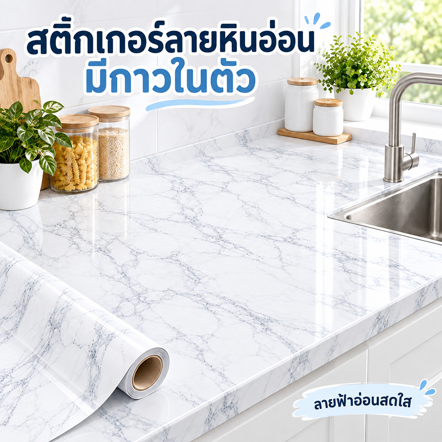 สติกเกอร์หินอ่อนติดโต๊ะ-ตู้ กันน้ำ กันน้ำมัน เช็ดทำความสะอาดง่าย มีกาวในตัว ไม่ต้องใช้กาวเพิ่ม หลายลาย 2 ผิว