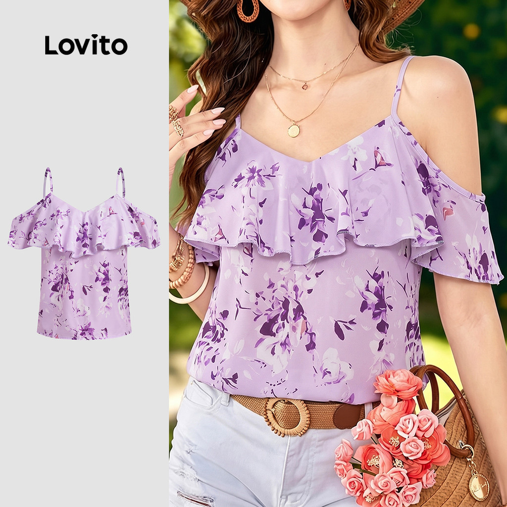 (New Arrival) Lovito เสื้อเบลาส์โบฮีเมียน ชายระบาย สีม่วง สําหรับผู้หญิง BLK8P1D558
