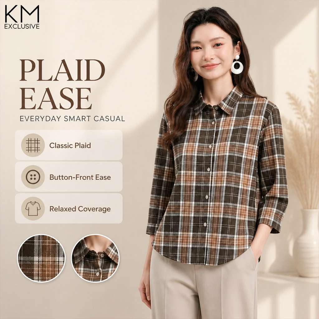 KM Delisa เสื้อเชิ้ตคอปกลายสก๊อต 3/4 Sleeve Casual Kemeja [B14697]
