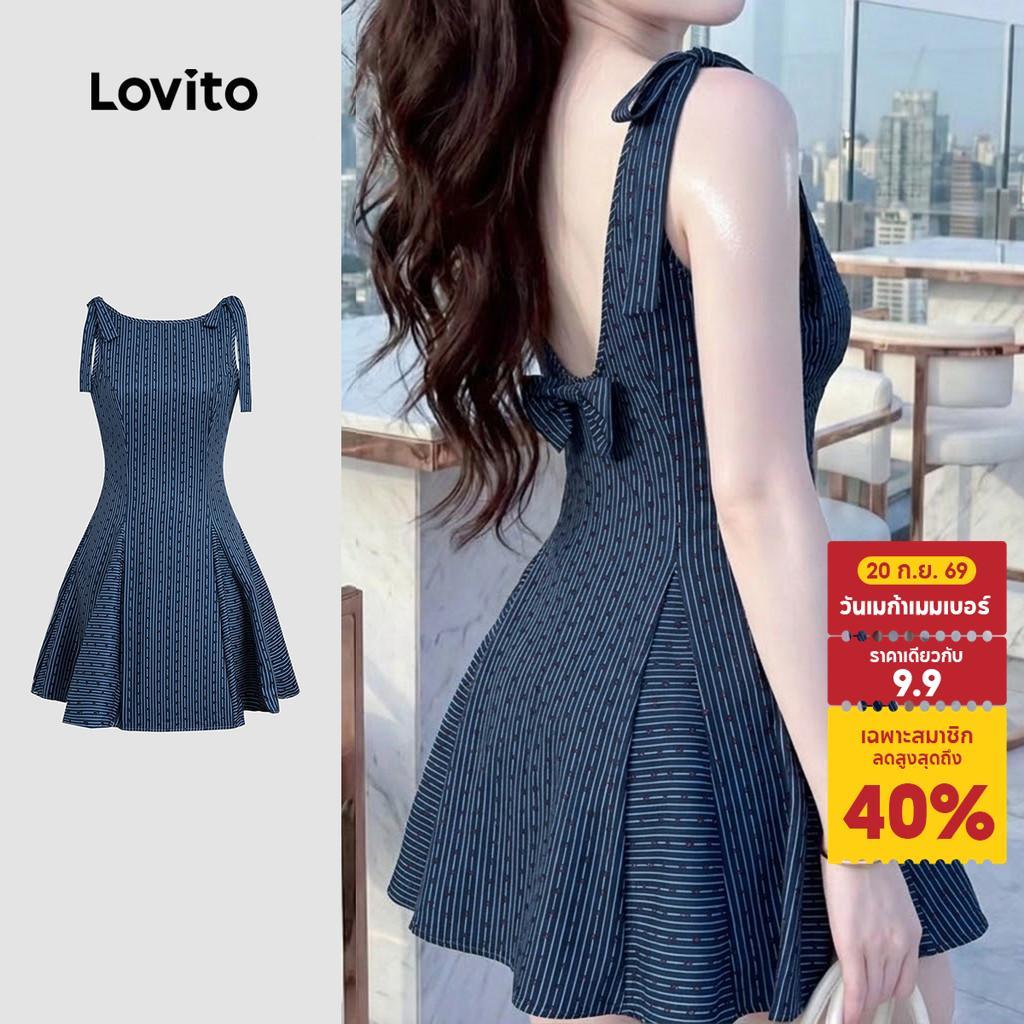 Lovito เดรสลําลองลายโบว์ด้านหลัง เดรสสีฟ้าเข้มฤดูใบไม้ผลิ/ฤดูร้อนสําหรับผู้หญิง LK6ED135