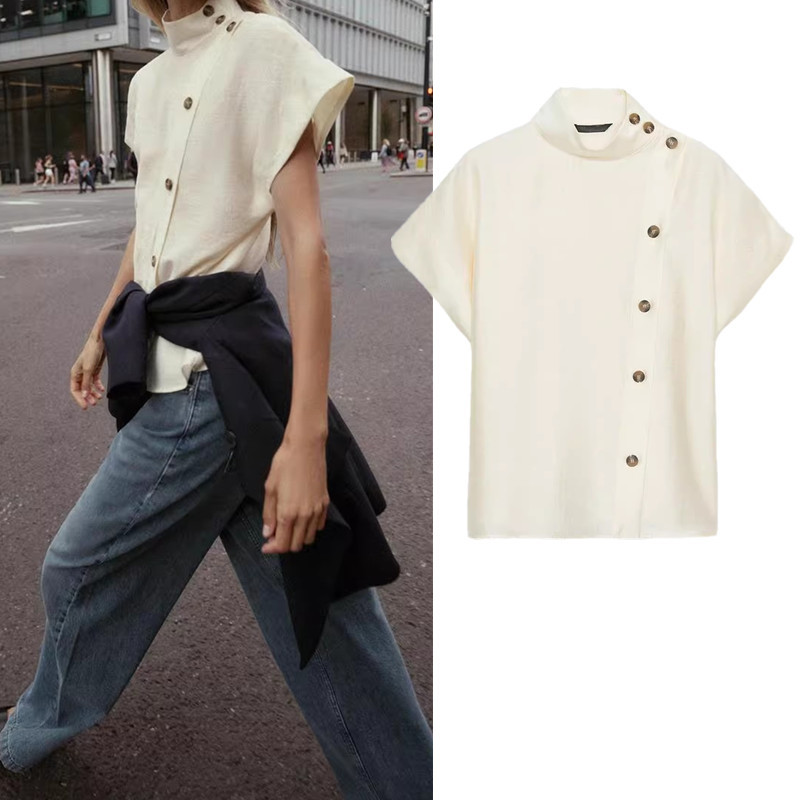 ZAR Stand Collar Dropped Shoulder Sleeve Buttoned Shirt Top 8813548