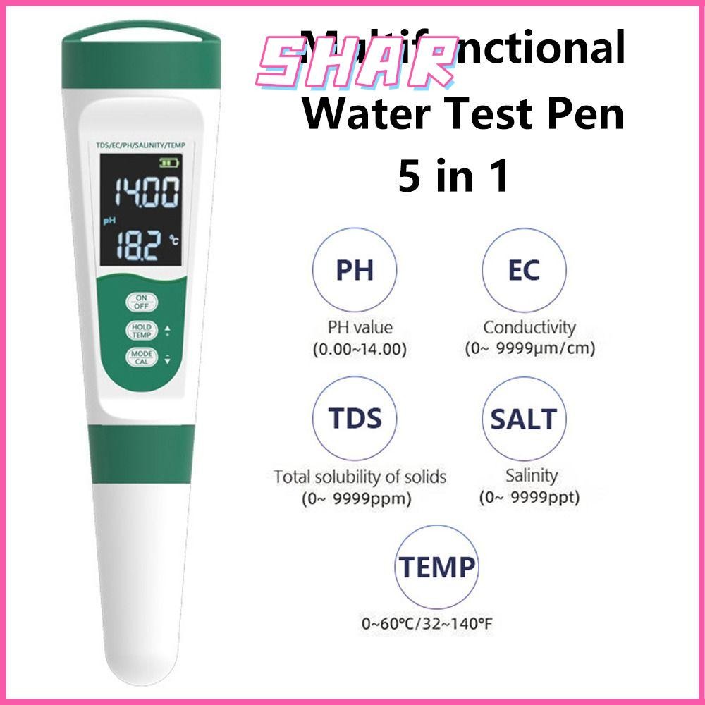 SHAR ปากกาทดสอบน้ํา,ปากกาทดสอบคุณภาพน้ําแบบดิจิตอล 5 in1,จอแสดงผล LCD มัลติฟังก์ชั่น 0-9999PPM PH Me