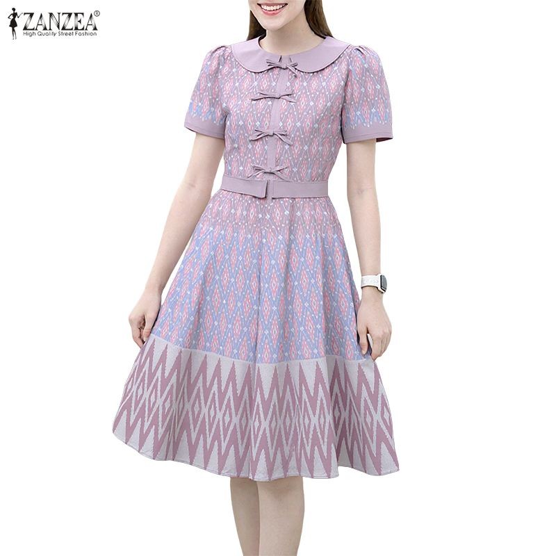ZANZEA ชุดกระโปรงแขนพัฟสไตล์เกาหลีสำหรับผู้หญิง พิมพ์ลายสวยหรูกะทัดรัด