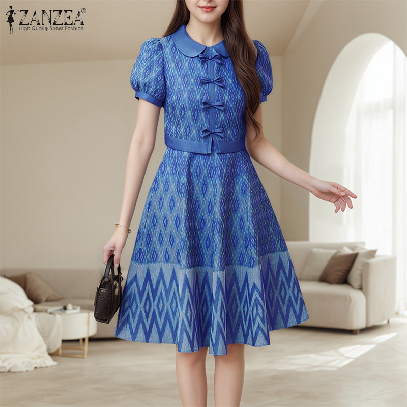 ZANZEA ผู้หญิงเกาหลีพัฟแขนเอว Patchwork ชาติพันธุ์พิมพ์ Bowknots ตกแต่งชุด — صورة 5