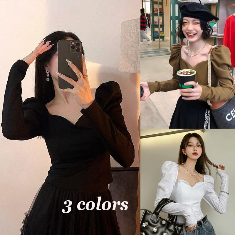 Dahong 99220 เสื้อยืดผู้หญิงแขนยาวสไตล์เกาหลี คอเหลี่ยมสีทึบแขนยาวสไตล์ใหม่ ดีไซน์เซ็กซี่ เสื้อยืด แขนฟอง เรียบหรู