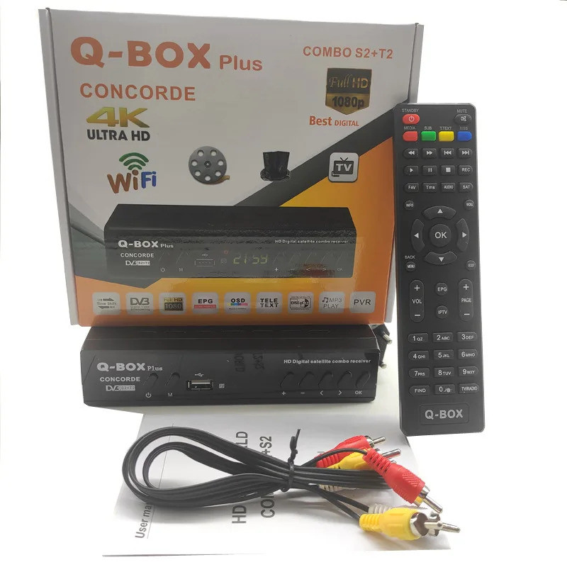 Q-BOX Plus DVB T2 S2 Combo เครื่องรับสัญญาณทีวีดาวเทียม 1080P HD ถอดรหัสทีวีดิจิตอลจูนเนอร์ H.264 DV