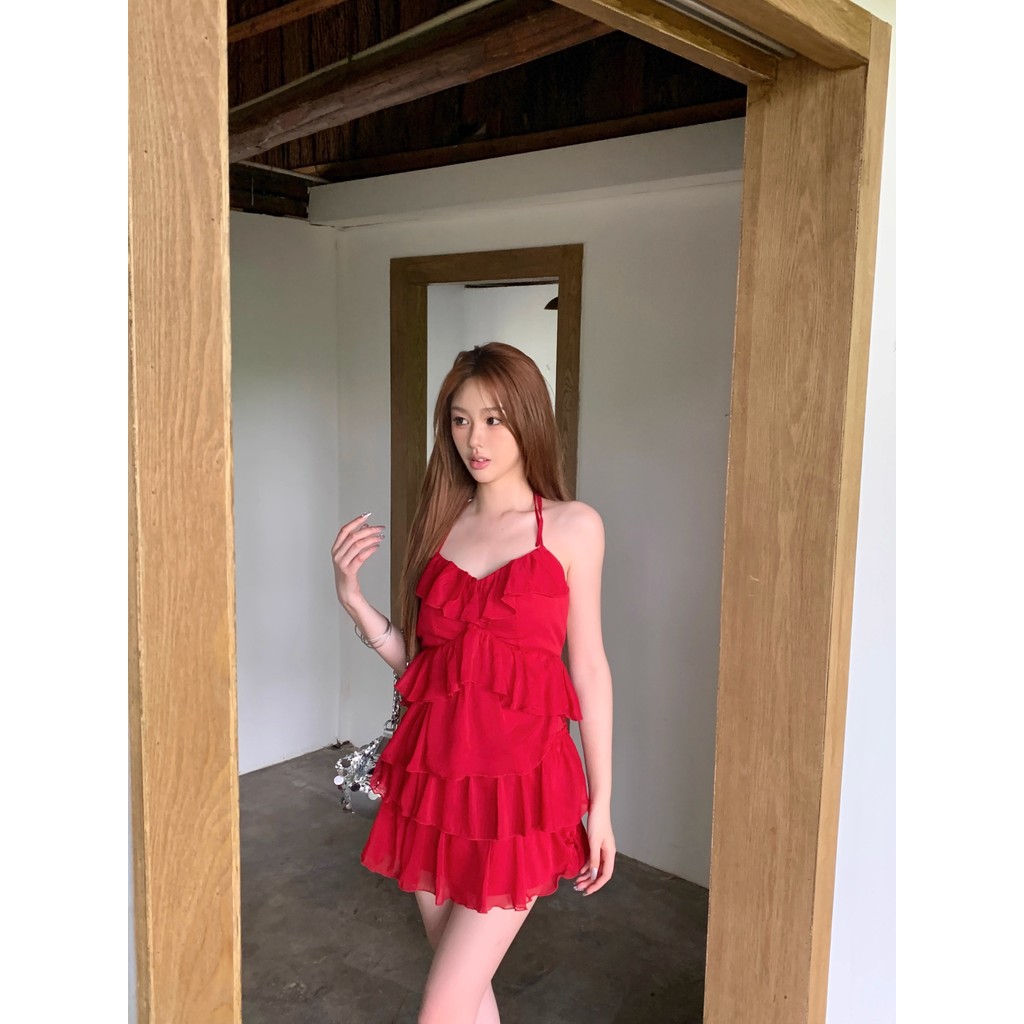 ฤดูร้อน Pure Desire สไตล์สาวร้อนสาวรู้สึกไม่สม่ําเสมอ Halter คอ Ruffled สลิงชุด 305 PAF6