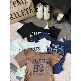 Nemo store🌸#FY722 เสื้อแขนสั้นเปิดไหล่ ดีเทลสกีนตัวหนังสืดเท่ๆ เสริมฟองน้ำ