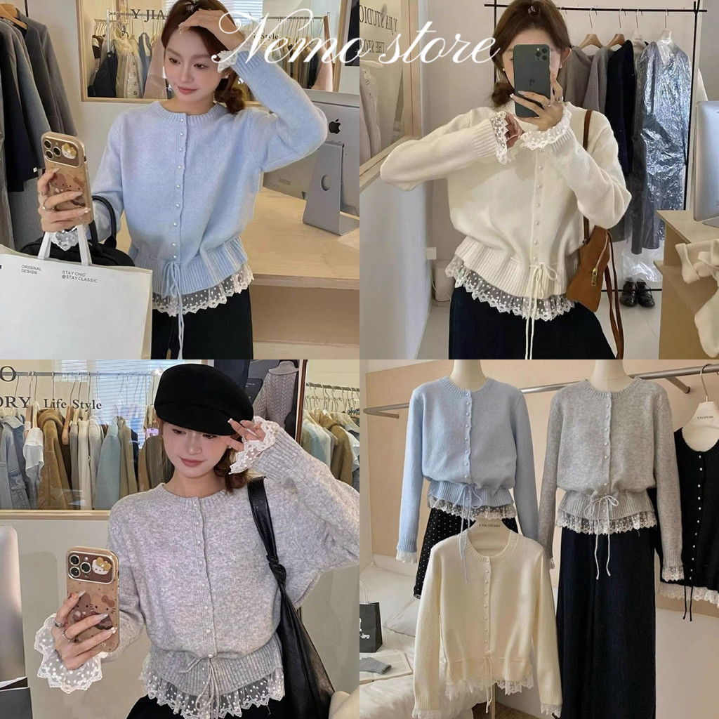Nemo store🌸#V138 เสื้อแขนยาวไหมพรม คอกลม เกาหลีสไตล์ ดีเทลแต่งปลายลูกไม้ สีน่ารัก