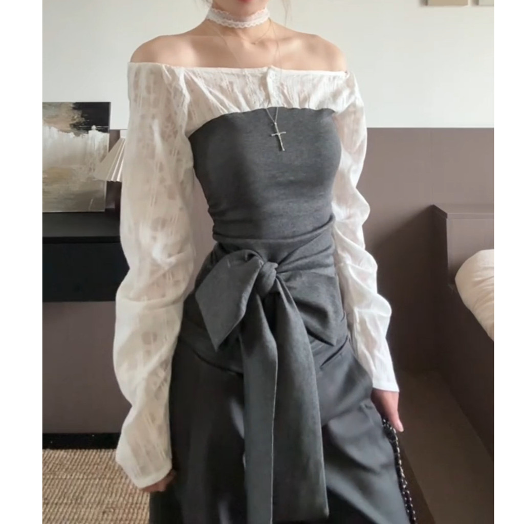 Verve ตู้เสื้อผ้าชุดลําลองกางเกงกว้างสไตล์เกาหลีอารมณ์ปลอมสองชิ้นปิดไหล่ Slim Top สําหรับผู้หญิงสไตล