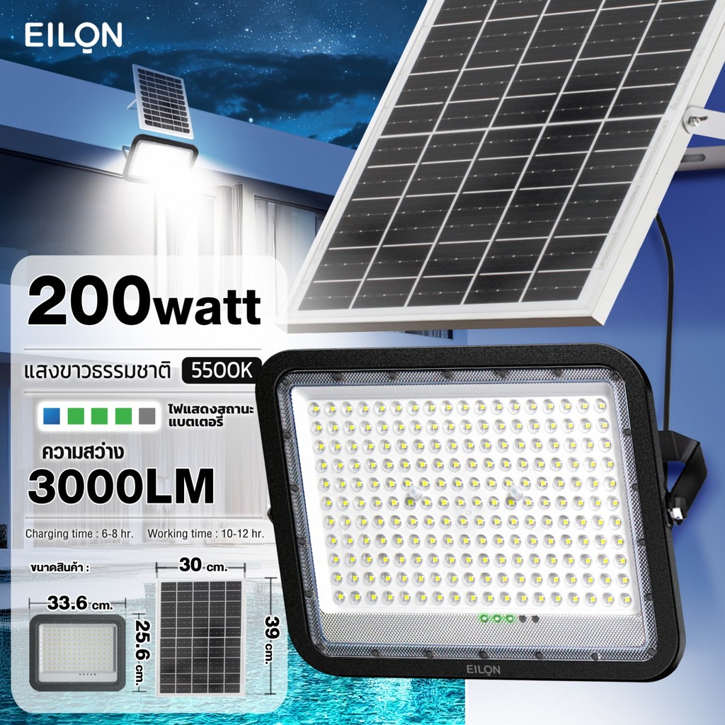 ShopKB EILON โคมฟลัดไลท์โซล่าเซลล์ 200W Daylight รุ่น ZQ-YX IP65 cแสงขาวธรรมชาติ สีดำ ยืนหนึ่งในไทย
