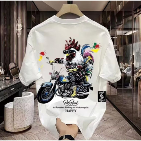 Premium 220GSM เสื้อยืดผ้าฝ้าย 100%GXG Lelaki Corak Ayam Jantan & Motorsikal - Kasual, Potongan Lega