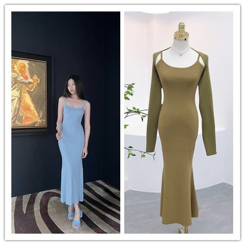 6833 แบนคอ Halter กลับ Slim-fit Slimmer ดู Fishtail กระโปรงกระโปรงแขวนกระโปรงเสื้อกั๊กกระโปรงยาว 5AF