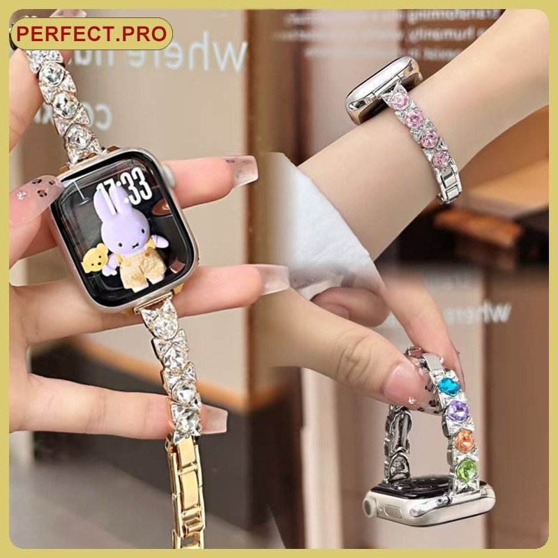 สายนาฬิกาโลหะประดับโบว์เพทายสีสันสดใสสำหรับ iWatch S11/10/9/8/7/6/5/4/3/2/1/SE Ultra (49/46/45/44/42/41/40/38 มม.)