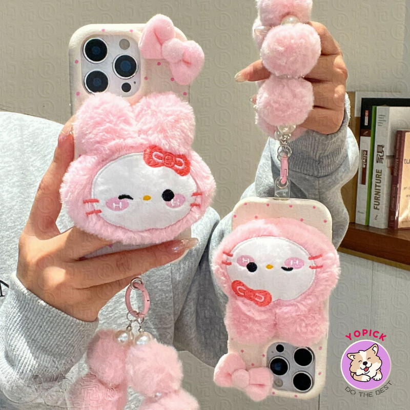 เหมาะสําหรับ iPhone 16Pro 17Pro Max 11 12 13 14Plus 15Pro XR XS Max 7 8Plus น่ารักกระต่ายสีชมพูแมวเคสโทรศัพท์ฝาครอบโทรศัพท์สาวเพื่อนสร้อยข้อมือการ์ตูนน่ารัก XLZW