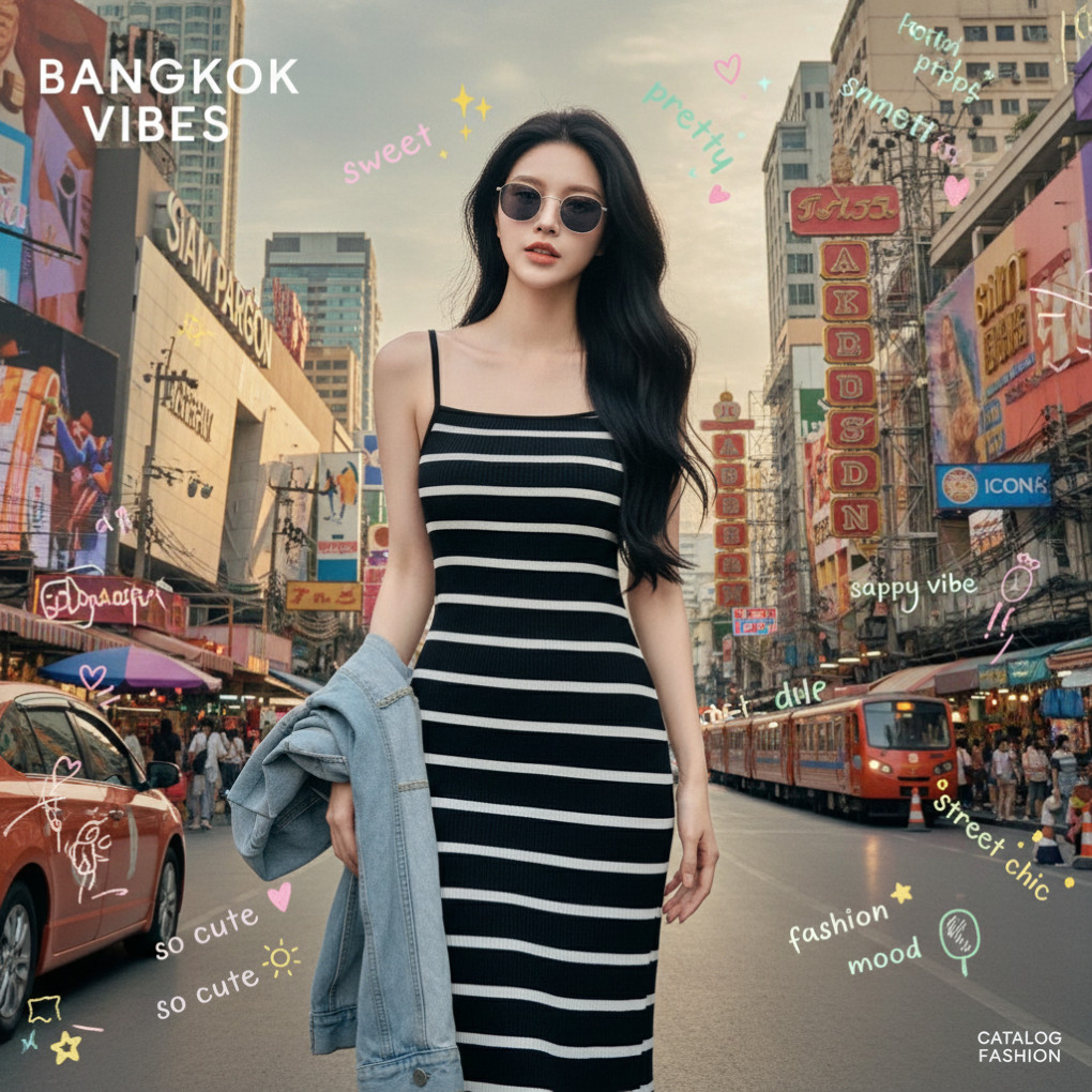 ꕥCatalog Fashionꕥ ชุดเดรสยาวสายเดี่ยว สีดำริ้วขาว ชายบานออกพริ้วๆ ผ้ายืดใส่สบาย