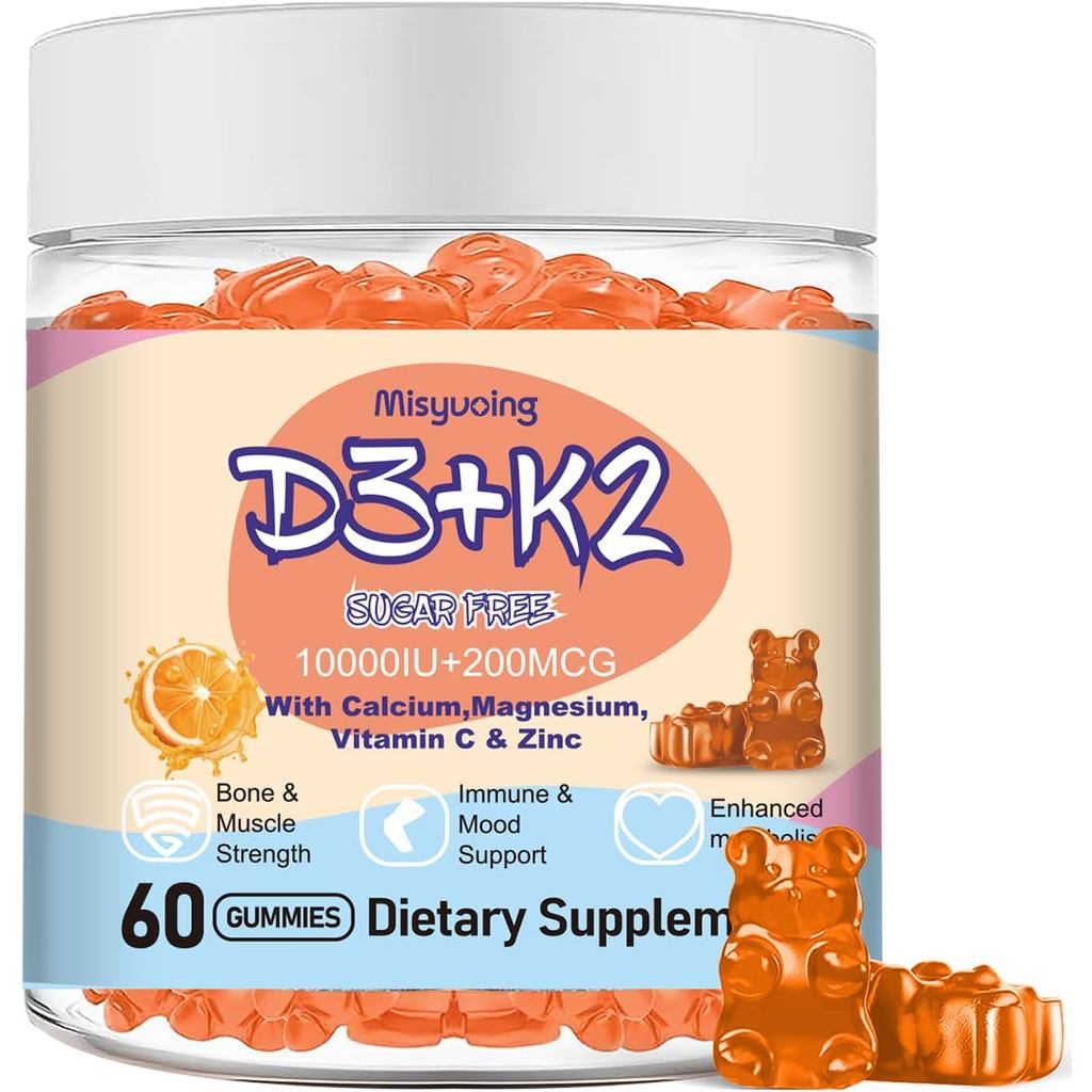 วิตามิน D3 K2 Gummies ปราศจากน้ําตาล,วิตามิน D3 10000 IU พร้อม K2 200mcg,VitaminC,แคลเซียม,แมกนีเซีย