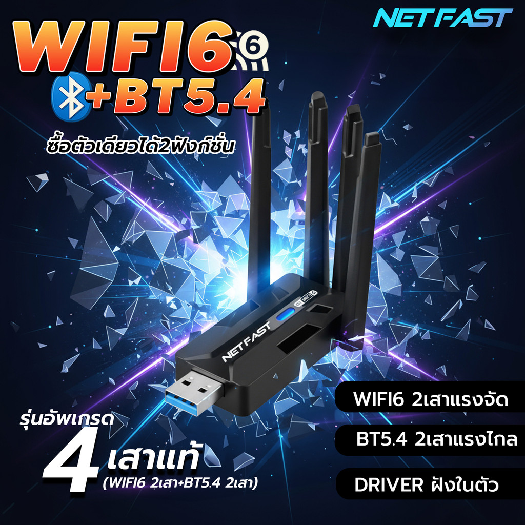 4เสาแท้!! Netfast  Wifi6+BT5.4 รุ่นใหม่ล่าสุด ใช้งานได้2ฟังก์ชั่นในตัวเดียว ไวไฟ6 AX900+Bluetooth5.4