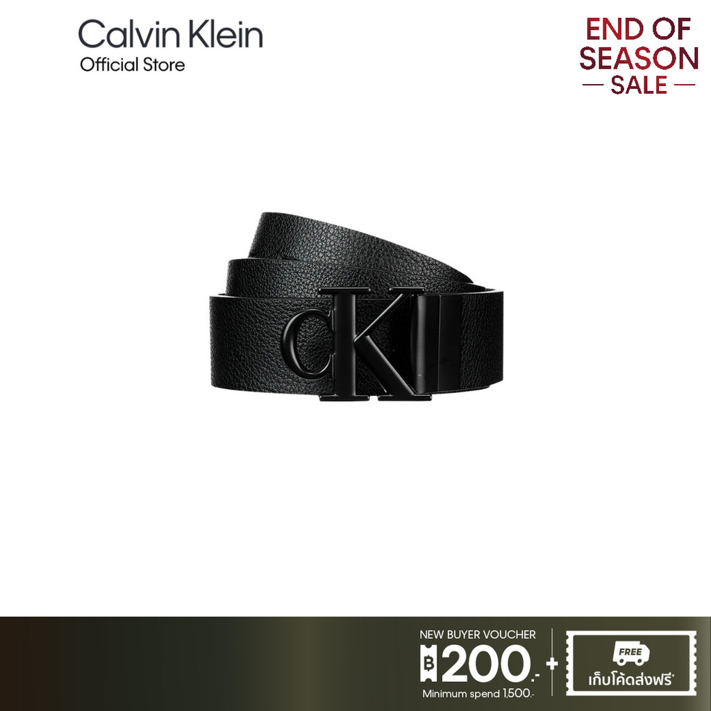 CALVIN KLEIN เข็มขัดผู้ชายใส่ได้สองด้าน Reversible Monogram Buckle Belt รุ่น 4D7017G D1M-สีดำ
