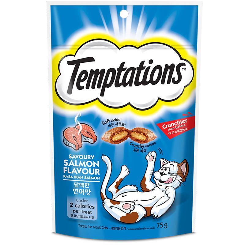 เทมเทชันส์รสเซเวอรี่แซลมอนขนมแมวกรอบนอกนุ่มใน75ก Temptations Savoury Salmon Cat Snack Biscuit 75g [8851393000205 ]