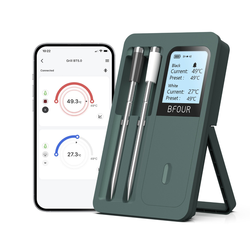 BFOUR BF-40 Green เครื่องวัดอุณหภูมิเนื้ออัจฉริยะ, โพรบคู่, การตรวจสอบบลูทูธสําหรับบาร์บีคิว, เตาอบแ