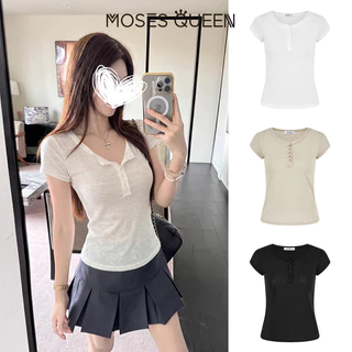 MOSESQUEEN ความเมตตา คอพับขอบหลวมกระชับสัดส่วนและเสื้อยืดแขนสั้นซีทรูเล็กน้อยสําหรับผู้หญิง-เสื้อฤดูร้อนอเนกประสงค์ #63907