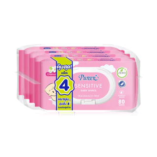 Pureen Wet Wipe Sensitive [80 Sheets x 4pcs] เพียวรีน เบบี้ไวพส์ สูตรเซนซิทีฟ.