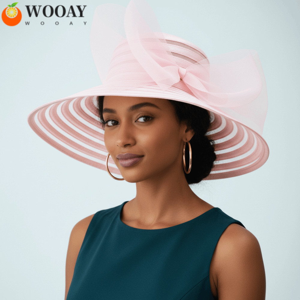 WEDGW หมวกงานเลี้ยงน้ําชา, ระบายอากาศได้ขนาดใหญ่โบว์ Organza หมวกตาข่าย, แฟชั่นปีกกว้าง Ruffles ออกแบบหมวกชายหาดกิจกรรมชายหาด