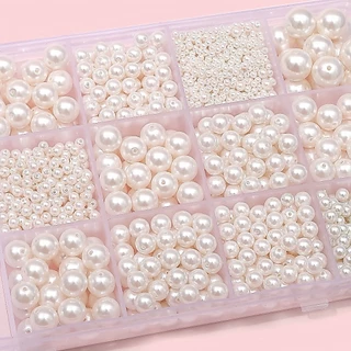 ลูกปัดไข่มุก (มีรู) 3-20mm ไข่มุกเทียมสีขาว/ครีม ผิวเงา อุปกรณ์งานฝีมือ DIY สำหรับร้อยสร้อย