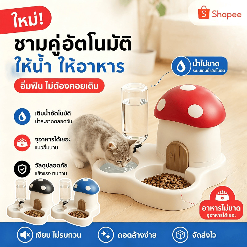NEW! เครื่องให้อาหารสัตว์เลี้ยงอัตโนมัติ ชามน้ำรูปบ้านเห็ด ชามคู่สำหรับแมว ชามกันหก ความจุสูง จ่ายน้ำและอาหารอัตโนมัติ
