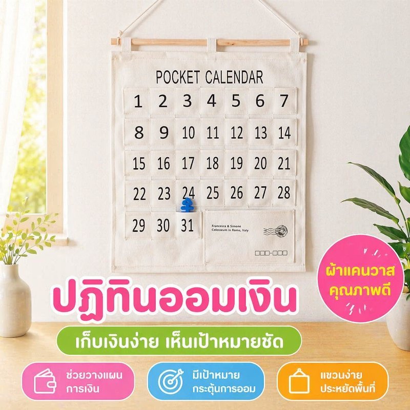 Saving Challenge ปฏิทินผ้าใบแขวนเงินสด Slot Organizer ผ้าวินเทจหนาทนทาน Habita