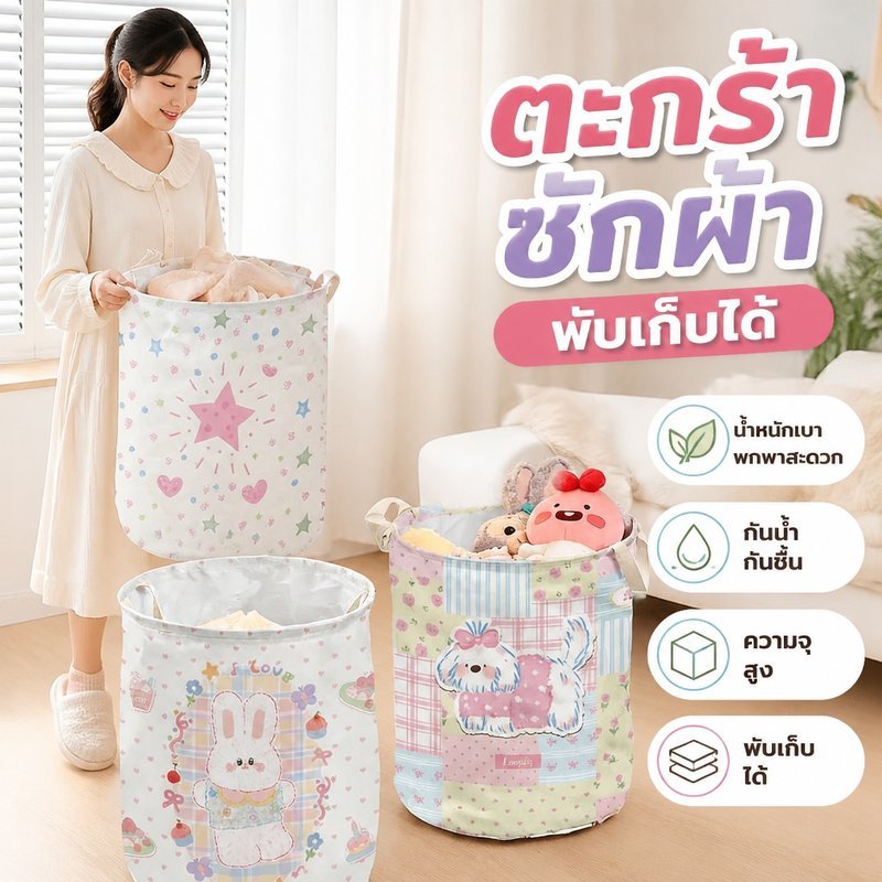 ตะกร้าซักผ้า พับได้ ความจุใหญ่ ตะกร้าใส่ผ้าสกปรก ผ้าฝ้ายป่าน มีหูหิ้ว ลายการ์ตูน