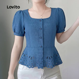 (New Arrival) Lovito เสื้อเชิ้ตเบลาส์ลําลองผู้หญิง แขนสั้น กระดุมหน้า ลายฉลุสําหรับฤดูใบไม้ผลิ/ฤดูร้อน สีฟ้า L195ED129