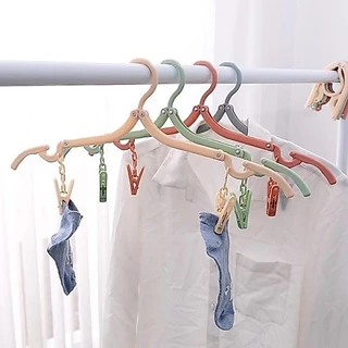 ไม้แขวนเสื้อพับได้ + ที่หนีบผ้า พับได้ (คละสี) ไม้แขวน ขนาดพกพา สีพาสเทล