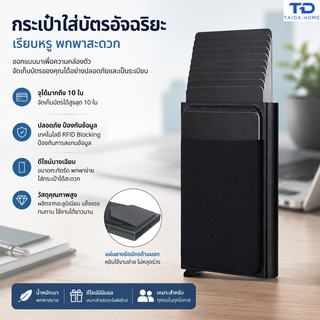 ซองใส่บัตรกันขโมย ดีไซน์แบบดึงออกอัตโนมัติ ซองใส่บัตรเครดิตโลหะบางเฉียบสำหรับผู้ชาย มีช่องใส่บัตรหลายช่อง