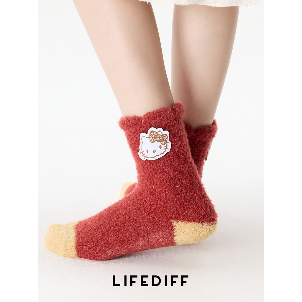 ของแท้ที่ได้รับอนุญาต HelloKitty Warm Mid-Tube Home Floor Socks Sleeping Socks Girl Series Coral Fle