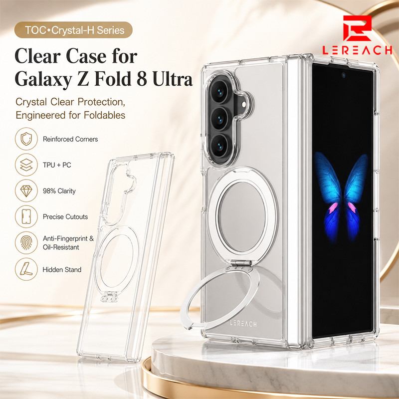 Lereach สำหรับ Samsung Galaxy Fold 8 Ultra / Z Flip 8 เคสโทรศัพท์พร้อมขาตั้ง – วัสดุ Acrylic + TPU, กันกระแทก 4 มุม, ใสดังเดิม, ดูดซับแม่เหล็กสำหรับการชาร์จ