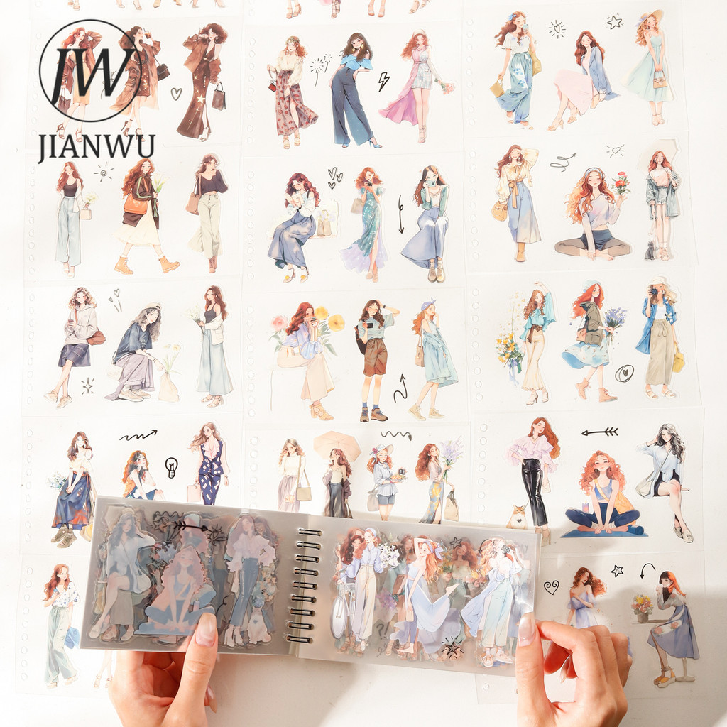 JIANWU Vintage Fashion Girl Character Pets Landscape Material Collage Scrapbooking PET Sticker Book Creative Journal Stationery