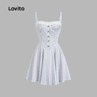 Lovito เดรสแคชชวลใส่ได้ทุกวัน ทำงาน วันหยุดพักผ่อน เดินทาง เดรสผ้าลูกไม้สีตัดกัน ทรงเดรป สีฟ้า สำหรับผู้หญิง เหมาะสำหรับฤดูใบไม้ผลิ/ฤดูร้อน เกาหลี อินเทรนด์ LK3AD147